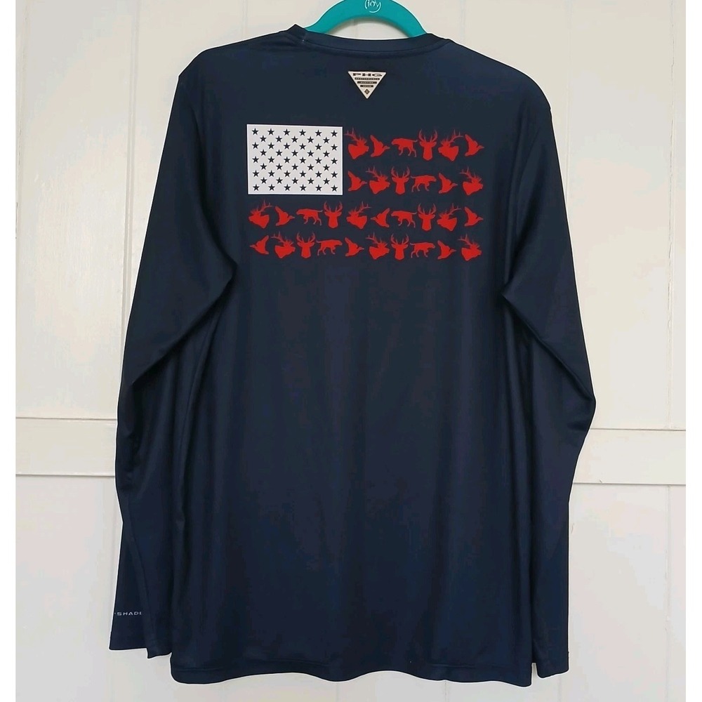 Men's Long Sleeve Graphic Performance Shirt - Navy with Red Flag Motif